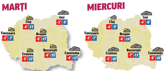 Prognoza meteo pentru următoarele două zile anunță că ninsorile se mai răresc dar va persista gerul
