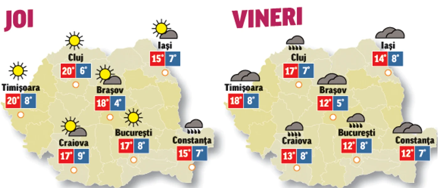 Prognoza meteo pentru următoarele două zile anunță temepraturi normale pentru această perioadă