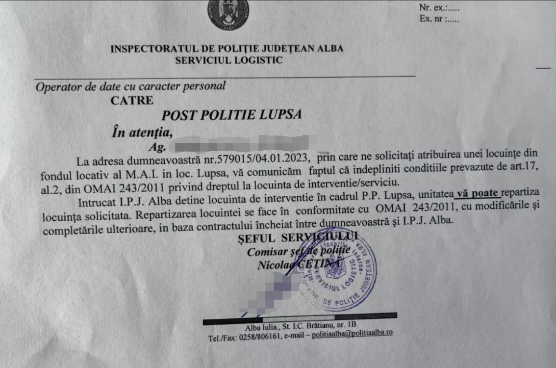 Adresa prin care i s-a repartizat locuința FOTO Sindicatul Europol