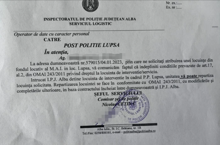 Adresa prin care i s-a repartizat locuința FOTO Sindicatul Europol