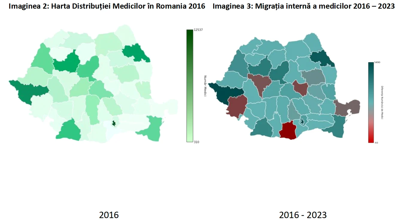 Densitate Medici 2016  și Migrația Medicilor în Țară 2016 - 2023  / Sursă date INSS, Tempo Online