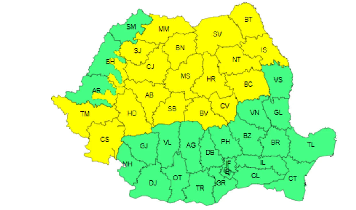 Harta cod galben furtuni si ploi, 23 iunie 2024 - Foto ANM