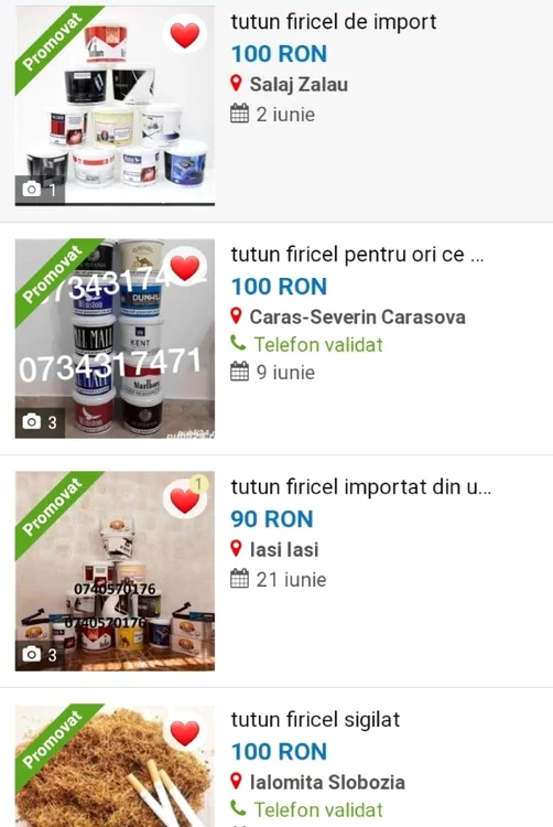 Tutunul se găsește la vânzare pe site-urile de anunțuri, ambalat sub sigla unor mărci cunoscute de țigarete