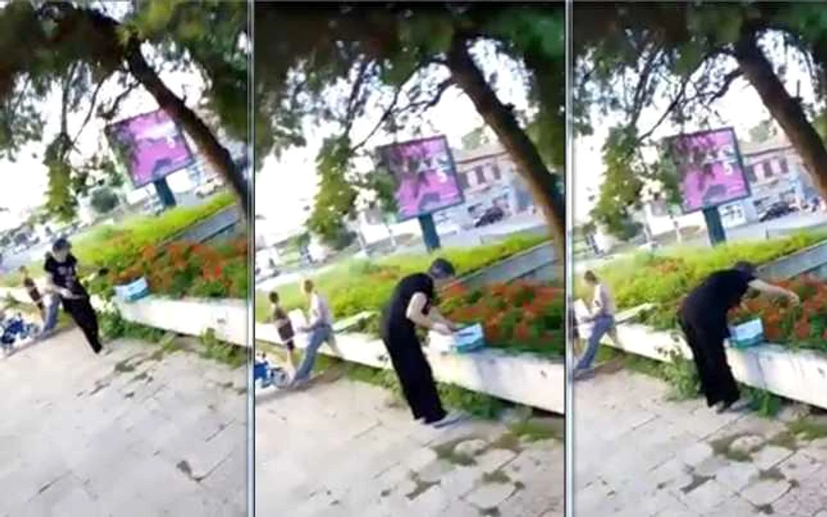 Bătrâna din Galaţi smulgea florile de pe un scuar FOTO Captură video