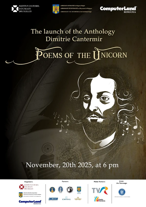 AFIȘ Lansarea volumului „Poemele Inorogului” de Dimitrie Cantemir la Bruxelles jpg