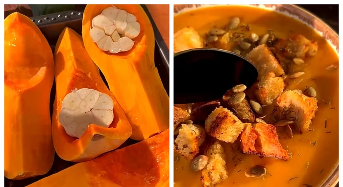 Supă cremă de dovleac și crutoane, rețeta virală / foto: Colaj captură video TikTok