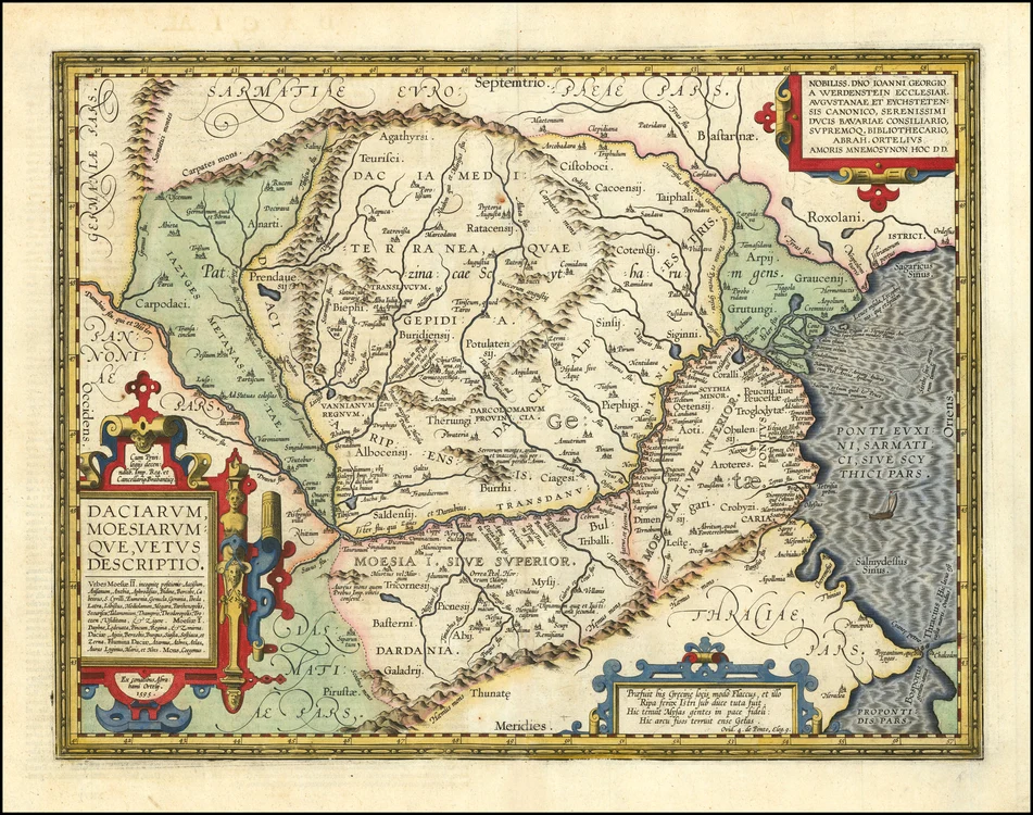 Hartă istorică din 1595 a Daciei și Moesiei. Sursa: raremaps.com