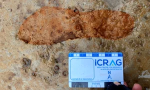 Conturul unei amprente vechi de 2.000 de ani. Culoarea portocalie este adăugată digital (© Universitatea din Aberdeen)