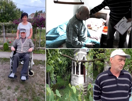 Cel mai vârstnic veteran de război din România - Ilie Ciocan de 109 ani din Galicea-Vâlcea  - alături de nepoţii care-l îngrijesc Foto colaj