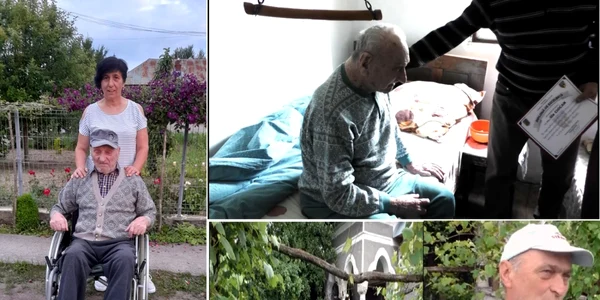 Cel mai vârstnic veteran de război din România - Ilie Ciocan de 109 ani din Galicea-Vâlcea - alături de nepoţii care-l îngrijesc Foto colaj