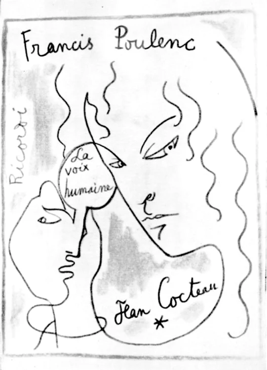 Coperta partiturii pentru „Vocea umană” – desen de Jean Cocteau (Ricordi)