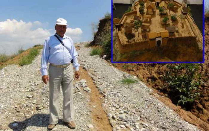 Prof. Traian Zorzoliu, în august 2013, pe dealul de la marginea oraşului Drăgăneşti-Olt unde, până acum, ar fi trebuit terminat proiectul reconstituirii unei cetăţi dacice de acum 2.000 de ani (FOTO: Mugurel Manea)
