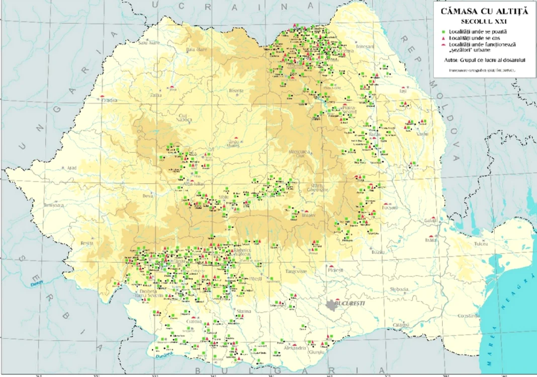 Harta reprezentând localitățile în care se cos/se poartă iile cu altiță FOTO: studiu Min. Culturii