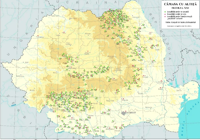 Harta reprezentând localitățile în care se cos/se poartă iile cu altiță FOTO: studiu Min. Culturii
