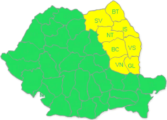 Codul galben este valabil pentru toate cele opt judeţe ale Moldovei FOTO:meteoromania.ro