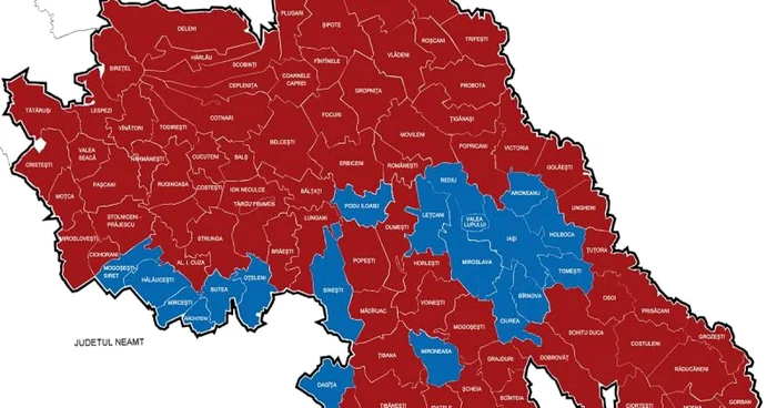 Harta votului la prezidenţiale 2014 turul 2 în judeţul Iaşi. Albastrul s-a concentrat în jurul municipiului Iaşi