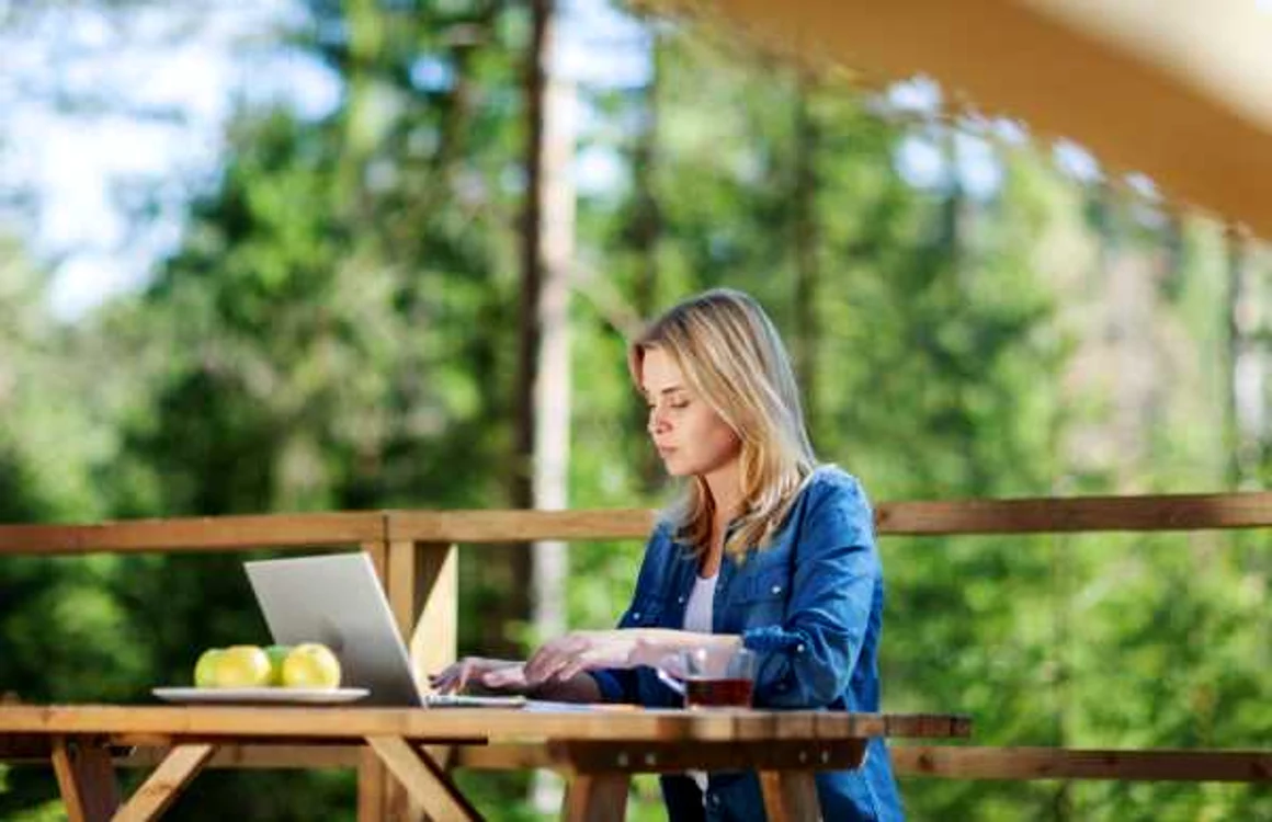 laptop femeie sat decor rural gradina terasa telemunca foto shutterstock