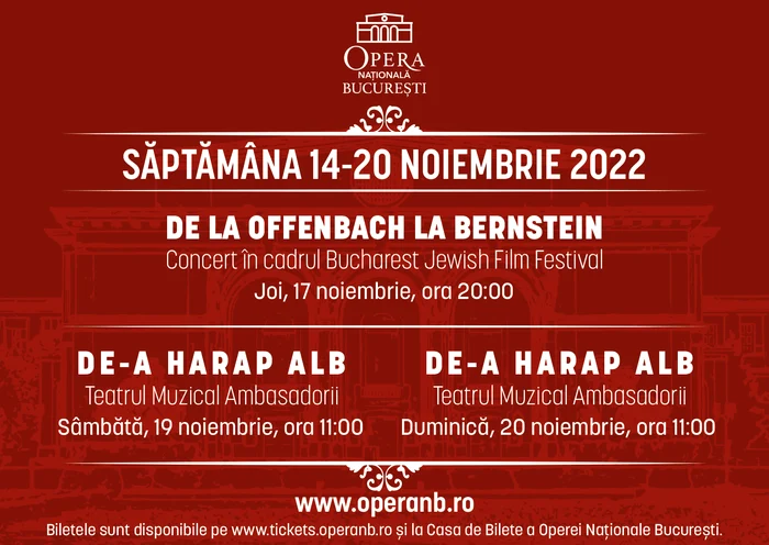 Afiș „De la Offenbach la Bernstein” și „De-a Harap Alb” în foaierul Operei Naționale București