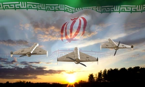 Drone iraniene pe fundalul steagului iranian FOTO shutterstock jpg