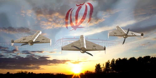 Drone iraniene pe fundalul steagului iranian FOTO shutterstock jpg