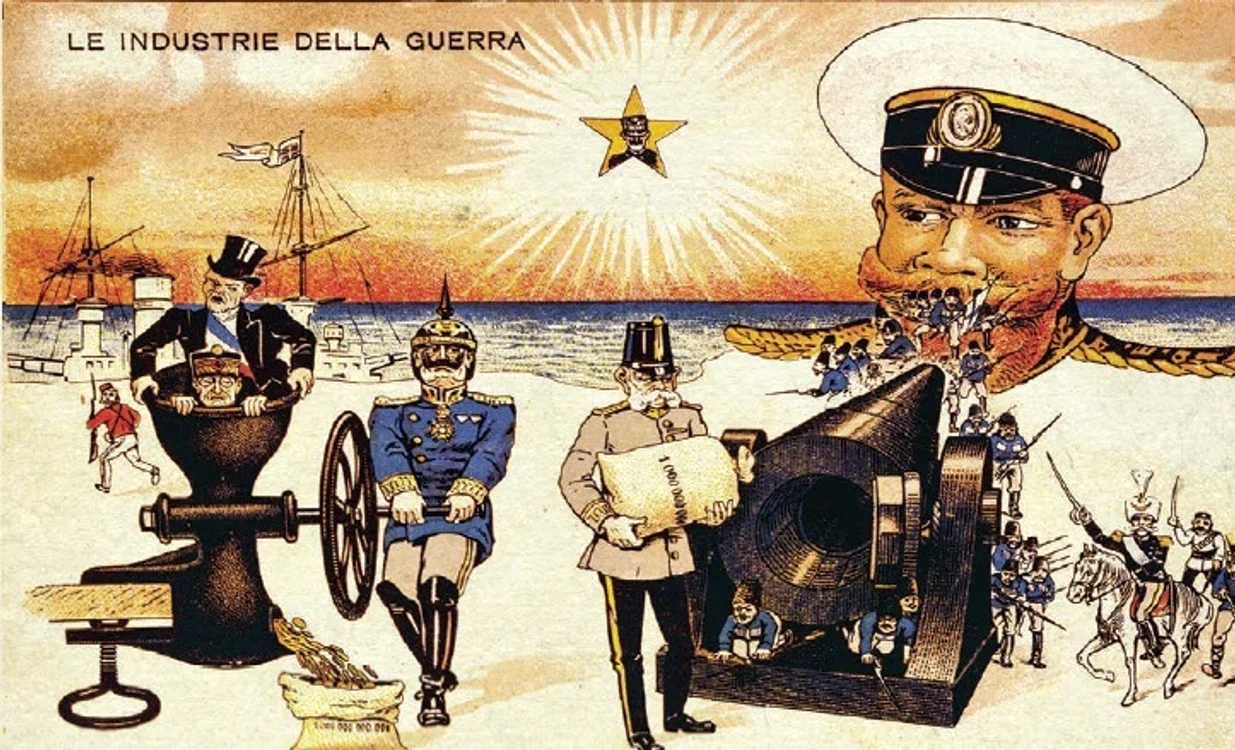Desen satiric apărut în Franța,  în timpul Primului Război Mondial,  la adresa industriilor de război din țările angajate în conflict: împăratul austro-ungar Franz Joseph I încarcă un tun cu un sac plin de monede; tunul e ațintit asupra figurii țarului Nicolae al II-lea 