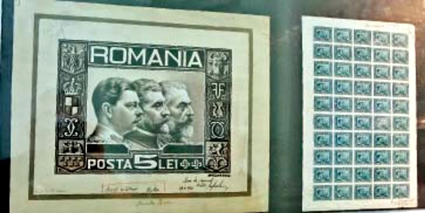 Matriţă poştală din 1931, cu efigia celor trei regi: Carol I, Ferdinand şi Carol al II-lea