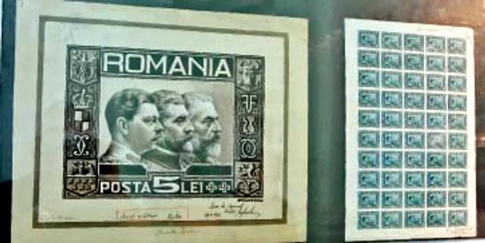 Matriţă poştală din 1931, cu efigia celor trei regi: Carol I, Ferdinand şi Carol al II-lea