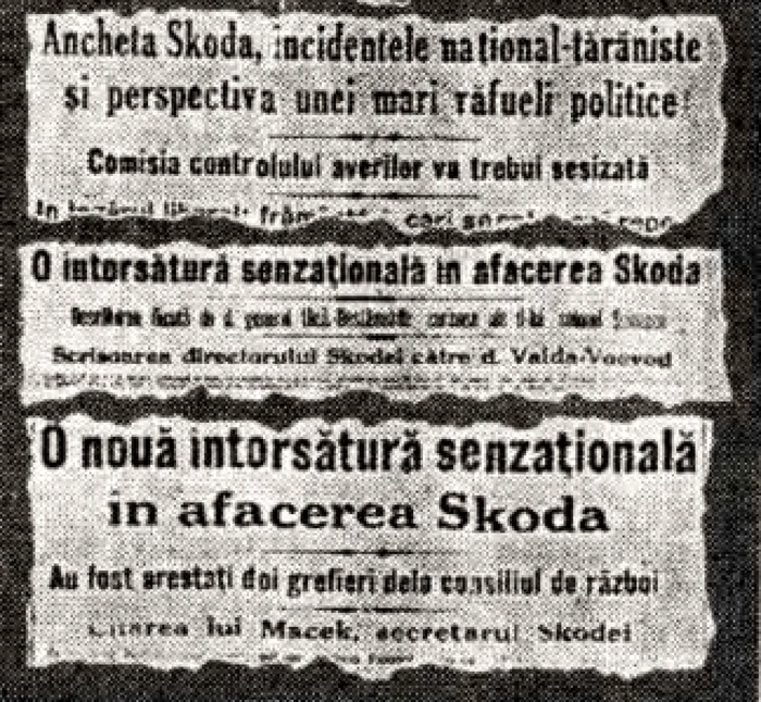 Titluri din ziarul Adevărul cu privire la Afacerea Skoda FOTO Muzeul de Istorie al României