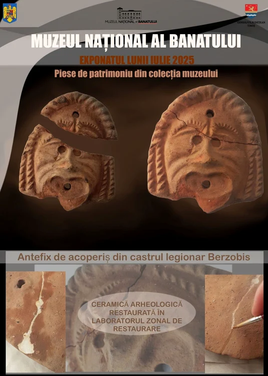 Antefixul cu mască tragică, descoperit în castrul roman Berzobis din Caraș-Severin (© Muzeul Național al Banatului)