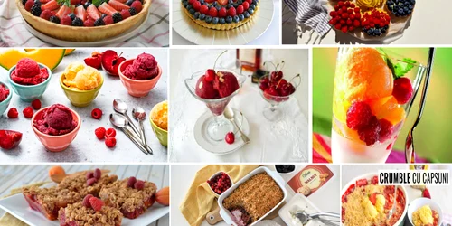 Trei deserturi delicioase cu fructe de vară: tartă, sorbet și crumble Colaj