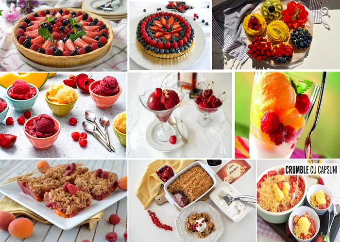 Trei deserturi delicioase cu fructe de vară: tartă, sorbet și crumble Colaj