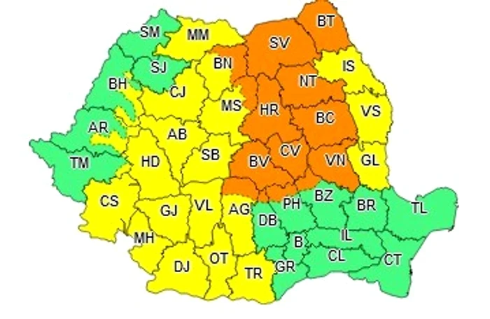 Harta situației meteorologice. SURSĂ: Administrația Națională de Meteorologie