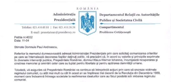 Răspunsul de la Cotroceni primit de Paul Andreescu liderul AFDPR Constanţa Sursa Facebook Paul Andreescu