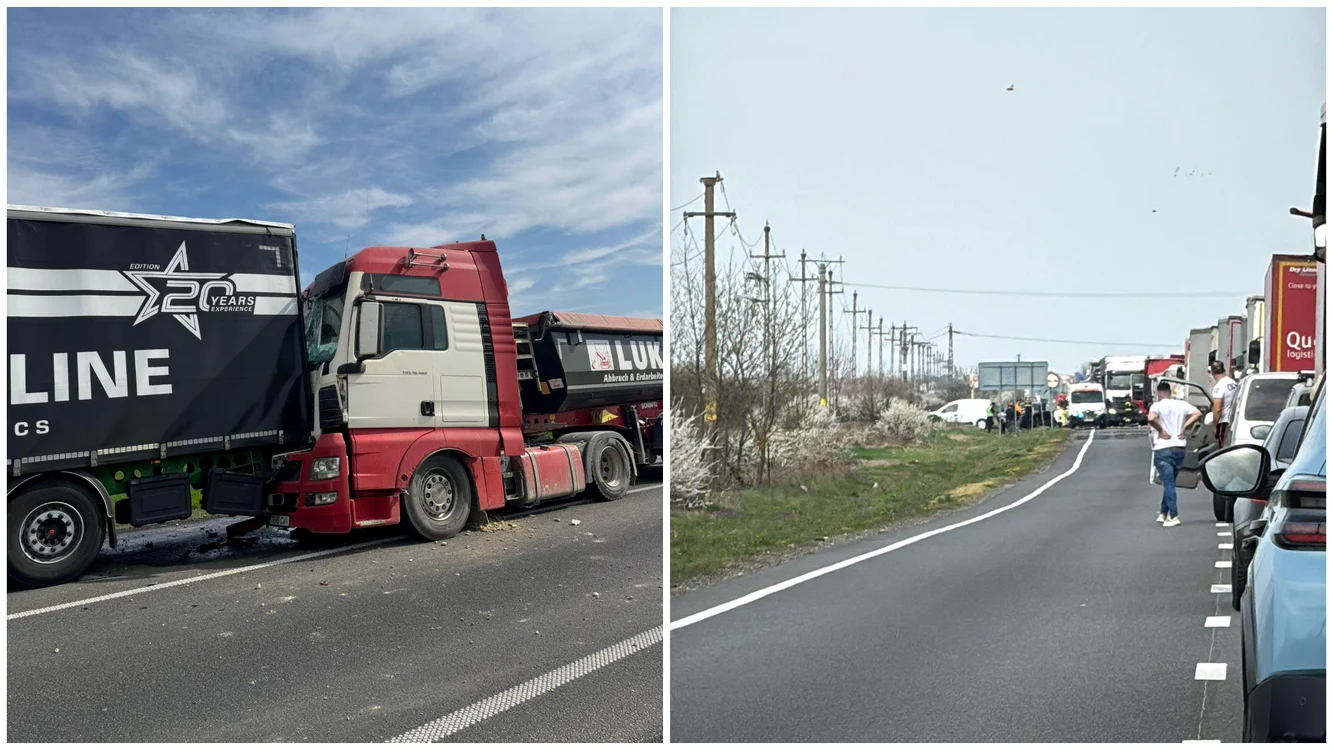 Accident rutier cu două TIR-uri și un autoturism. FOTO: Facebook/Radio România Reșița/Lugoj Info