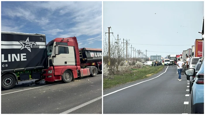 Accident rutier cu două TIR-uri și un autoturism. FOTO: Facebook/Radio România Reșița/Lugoj Info