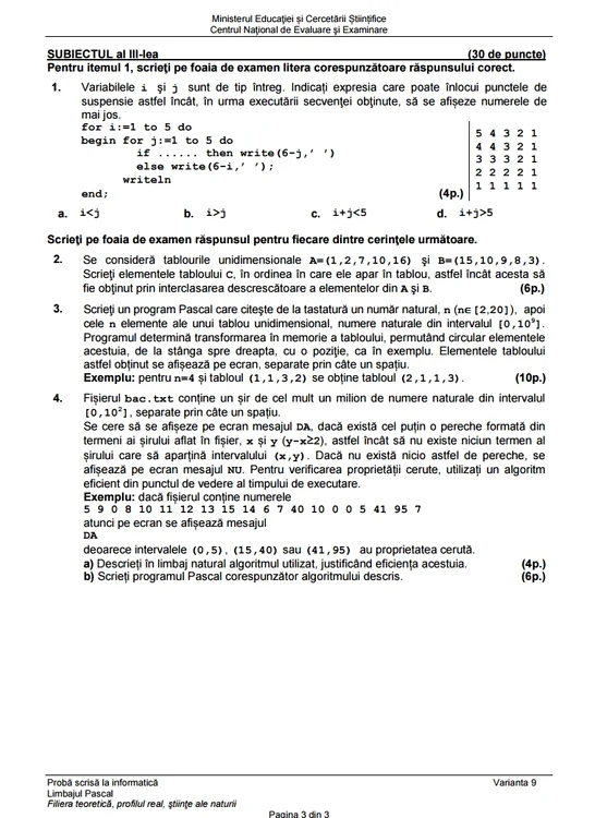 Bac 2015 subiecte Informatică. Limbajul Pascal/Ştiinţele naturii - prima sesiune