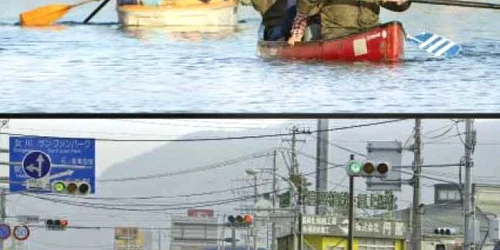 La 12 martie 2011, o șosea din orașul Ishinomaki a fost acoperită de ape, oamenii fiind evacuaţi cu bărcile (sus). La 13 ianuarie 2012, urmele dezastrului nu se mai vedeau