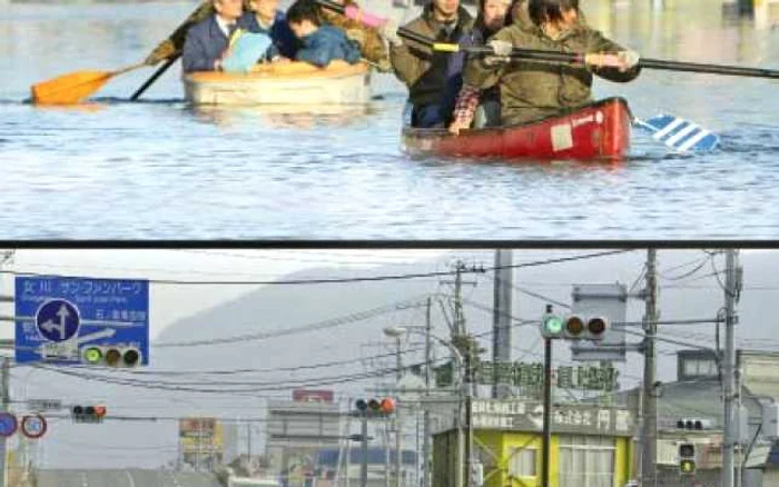 La 12 martie 2011, o șosea din orașul Ishinomaki a fost acoperită de ape, oamenii fiind evacuaţi cu bărcile (sus). La 13 ianuarie 2012, urmele dezastrului nu se mai vedeau