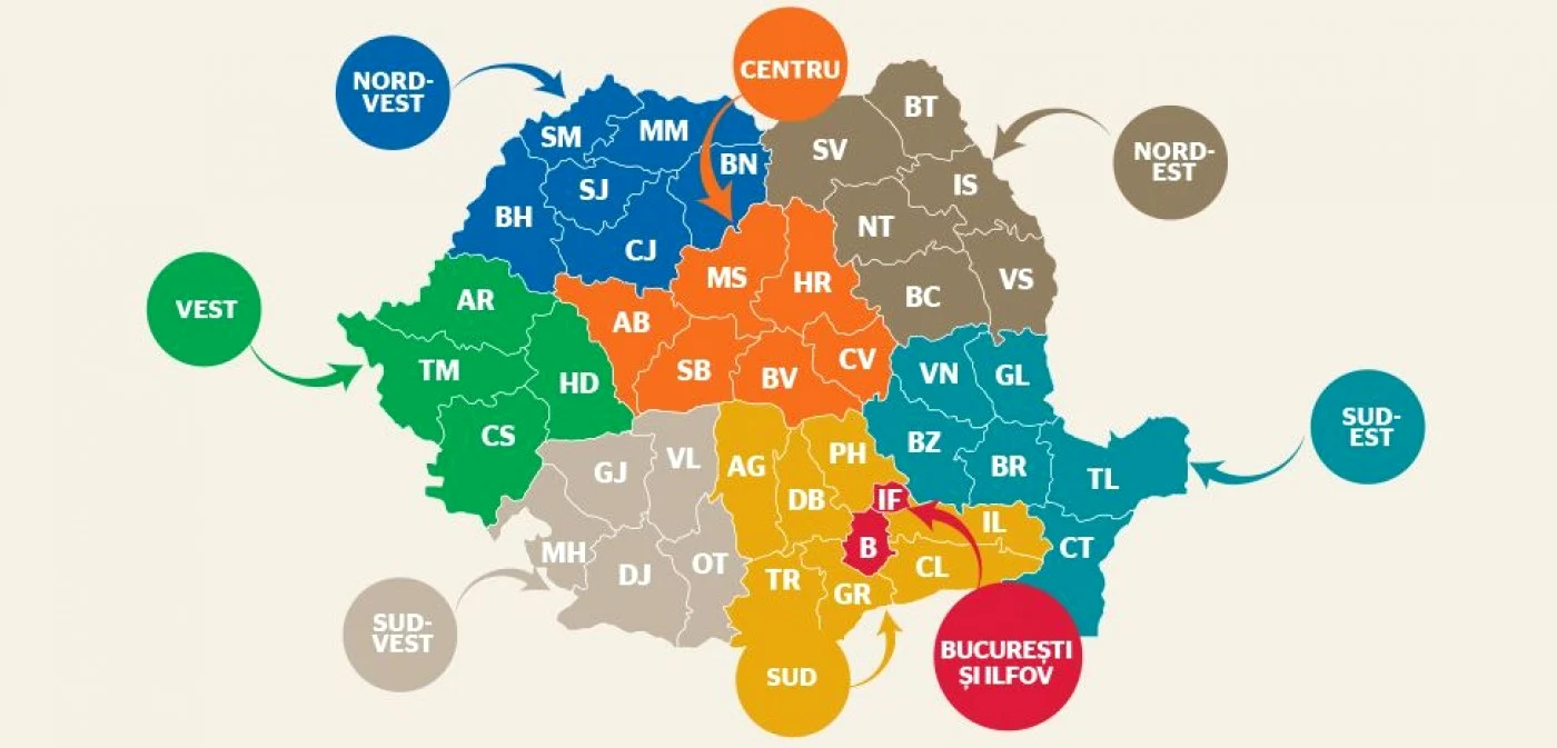 Regiunile de dezvoltare ale României FOTO Adevărul