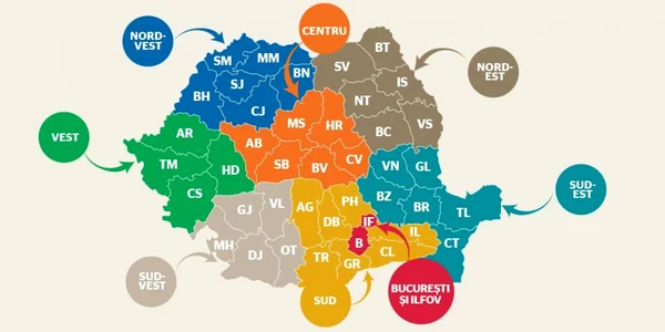 Regiunile de dezvoltare ale României FOTO Adevărul