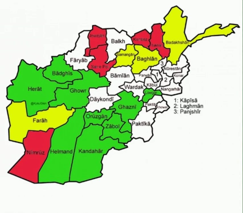 Sursa hărţii: Conflict News. Talibanii controlează azi 18 capitale de provincii, cele colorate în verde fiind cucerite în ultimele 24 de ore, iar cele evidenţiate cu roşu şi galben au fost capturate între 6 şi 12.08.2021.