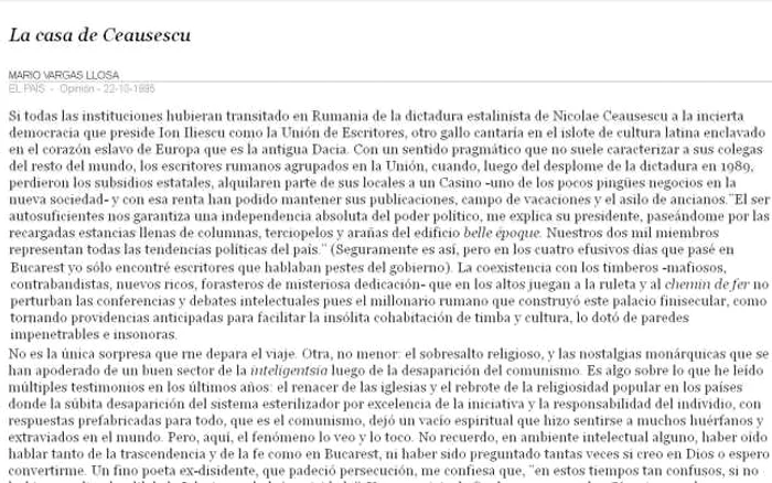 Articolul "Casa lui Ceausescu", publicat de Mario Vargas Llosa in "El Pais"