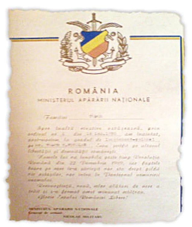 Brevetul de “înaltă cinstire ostăşească”, semnat de  ministrul Apărării, Nicolae Militaru, la 14 ianuarie 1990