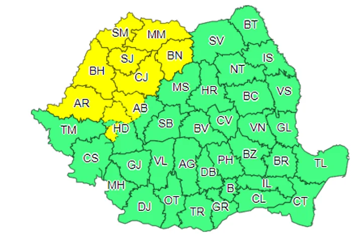 hartă atenționare meteo Cod galben