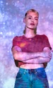 portrait woman posing with universe projection texture jpg