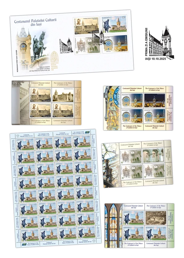 Emisiune filatelică aniversară dedicată celor 100 de ani ai Palatului Culturii din Iași (© Romfilatelia)