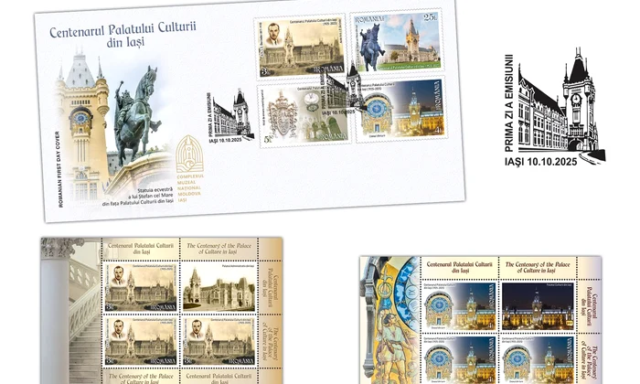 Emisiune filatelică aniversară dedicată celor 100 de ani ai Palatului Culturii din Iași (©  Romfilatelia)