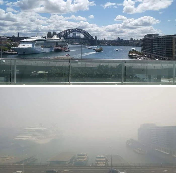 Superbul  oraș  Sydney este acum gri  și învăluit de  fumul care  a ajuns și la  12.000 km  depărtare  de Australia