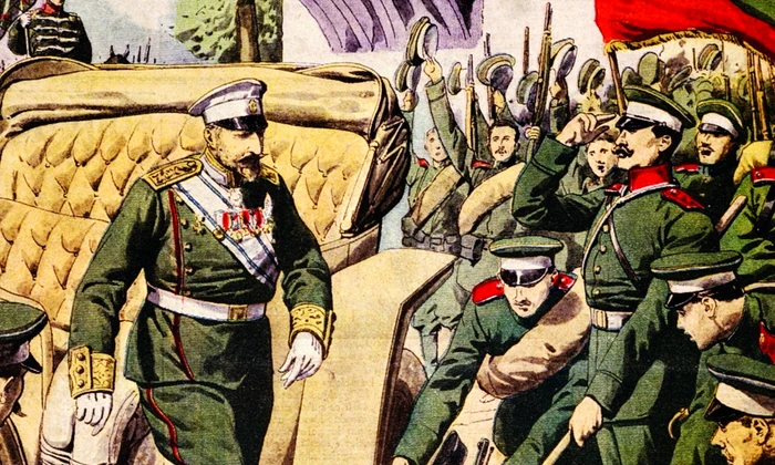 Regele Ferdinand I al Bulgariei calcă pe steagurile otomane capturate de armata bulgară (© Getty Images)