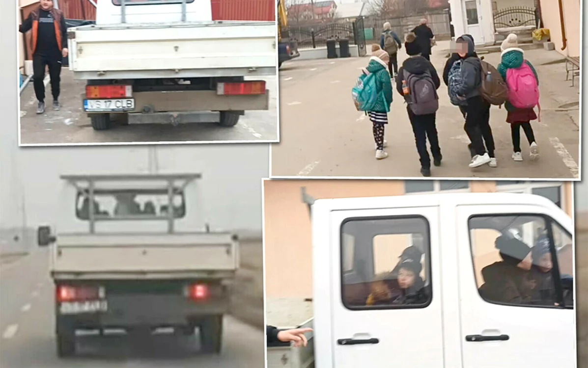 Camioneta în care sunt transportați copii la școală FOTO Vremea Nouă